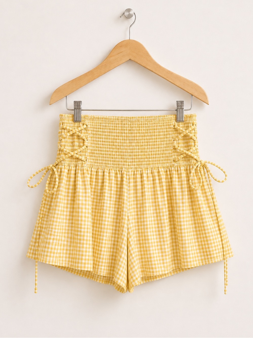 Rays For Days Summer Yellow And White Smocked Gingham Lace Up Tie Side Shorts
